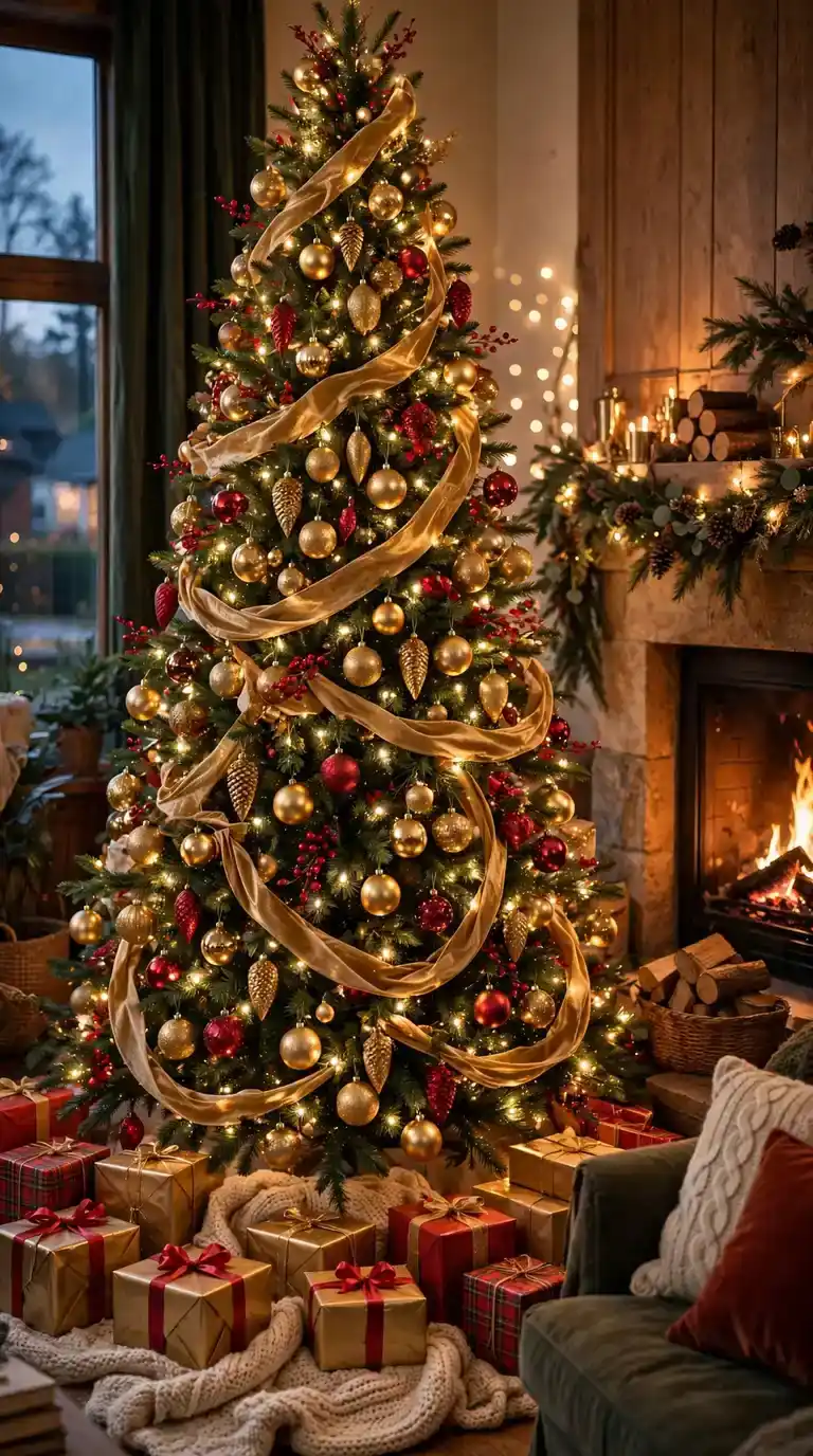 Festive Christmas tree decorated with ornaments, ribbon and holiday decor