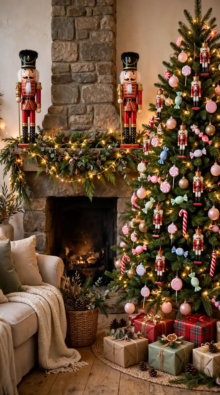Playful nutcracker Christmas decor with wooden soldiers and candy-colored ornaments in a festive living room