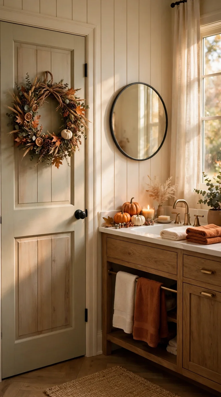 Warm thanksgiving bathroom decor with a harvest wreath, mini pumpkins on the vanity and glowing candles beside the tub