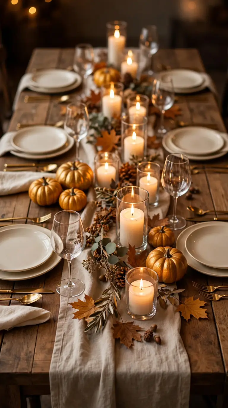 Warm and elegant Thanksgiving tablescape with golden pumpkins, candles, and autumn leaves