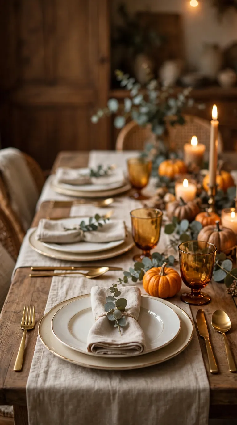 Warm Thanksgiving table with layered place settings, gold flatware and pumpkins