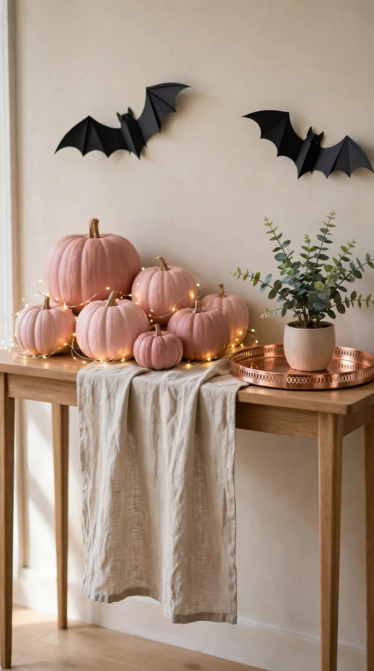 14 Pink Halloween Decor Ideas for a Spooky Pastel Look Blush pink painted pumpkins on an entryway console table with rose gold tray and fairy lights