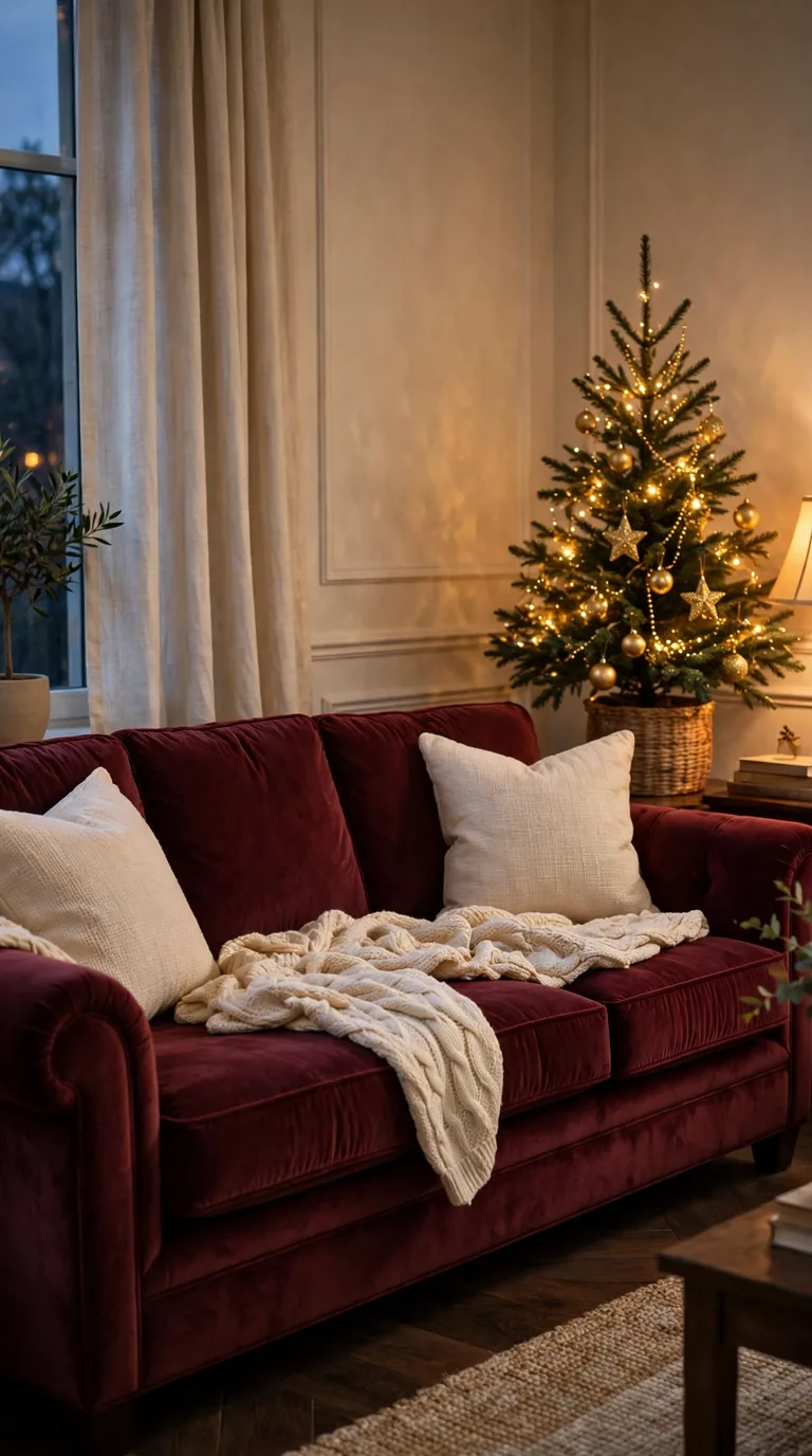 Deep burgundy velvet sofa styled with cream cushions and a gold-trimmed Christmas tree