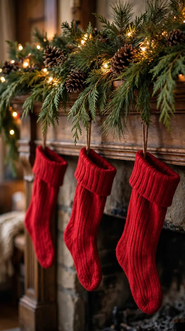 16 Christmas Mantel Decor Ideas for a Cozy Holiday Hearth Fireplace mantel draped with a full evergreen garland, pinecones, fairy lights and red stockings