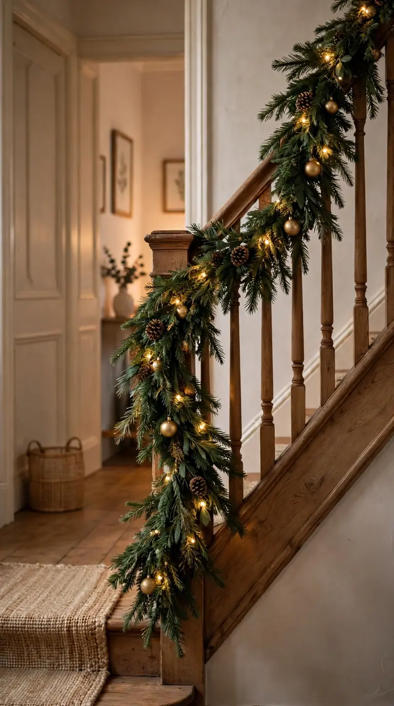 16 Christmas Hallway Decor Ideas for a Magical Holiday Welcome Evergreen christmas hallway decor garland with gold baubles and warm lights draped along a hallway banister