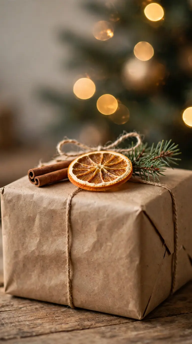Gift wrapped in kraft paper with twine, dried orange slices and cinnamon