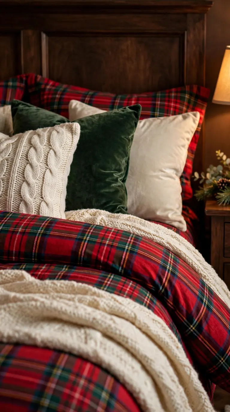 17 Christmas Bedroom Decor Ideas for a Cozy Holiday Retreat Red and green plaid Christmas bedding with layered pillows