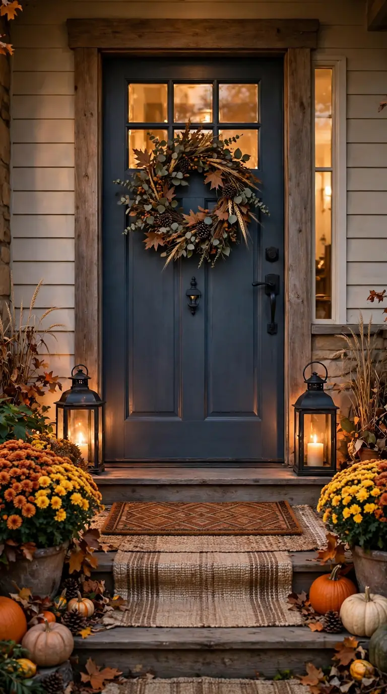Thanksgiving porch with layered rugs, mums, pumpkins, and glowing lanterns