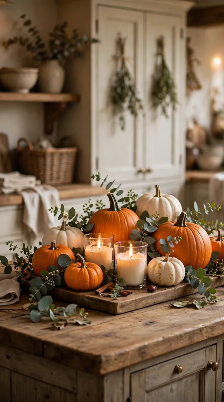 Rustic pumpkin centerpiece with orange and white pumpkins, candles, and greenery on a wooden kitchen island