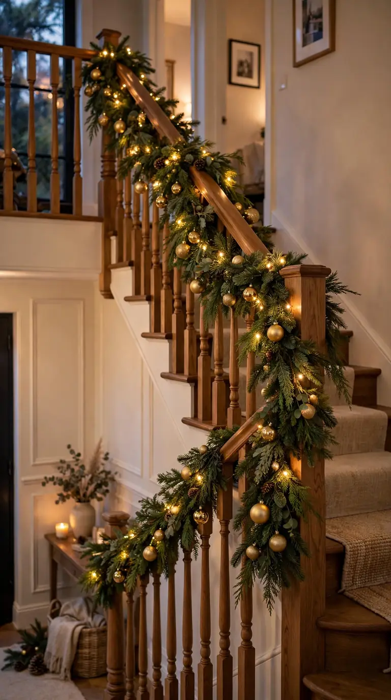 Pine Christmas garland cascading down a staircase banister with warm fairy lights