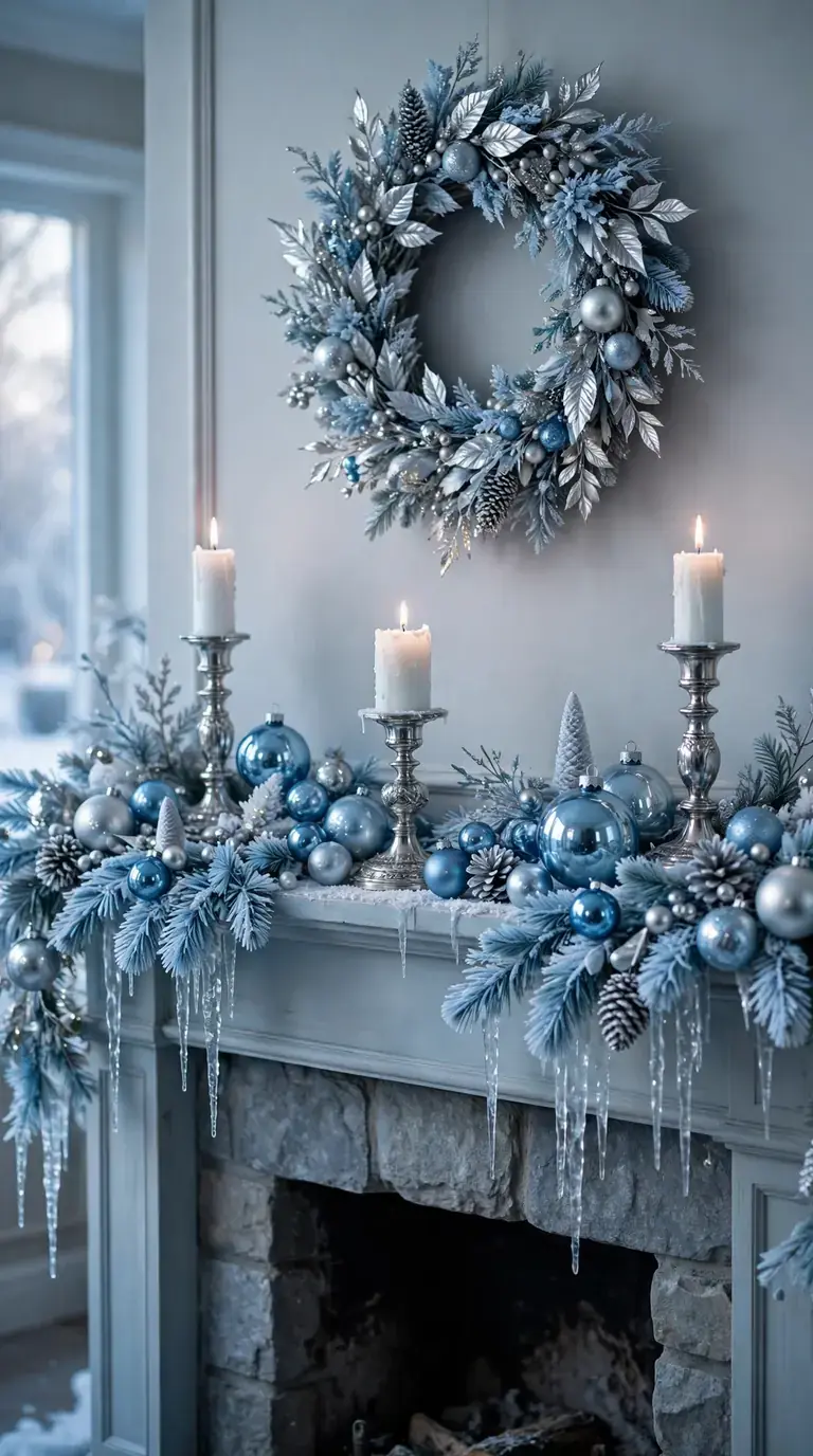 16 Christmas Mantel Decor Ideas for a Cozy Holiday Hearth Blue and silver Christmas mantel with frosted garland, silver candlesticks and blue baubles