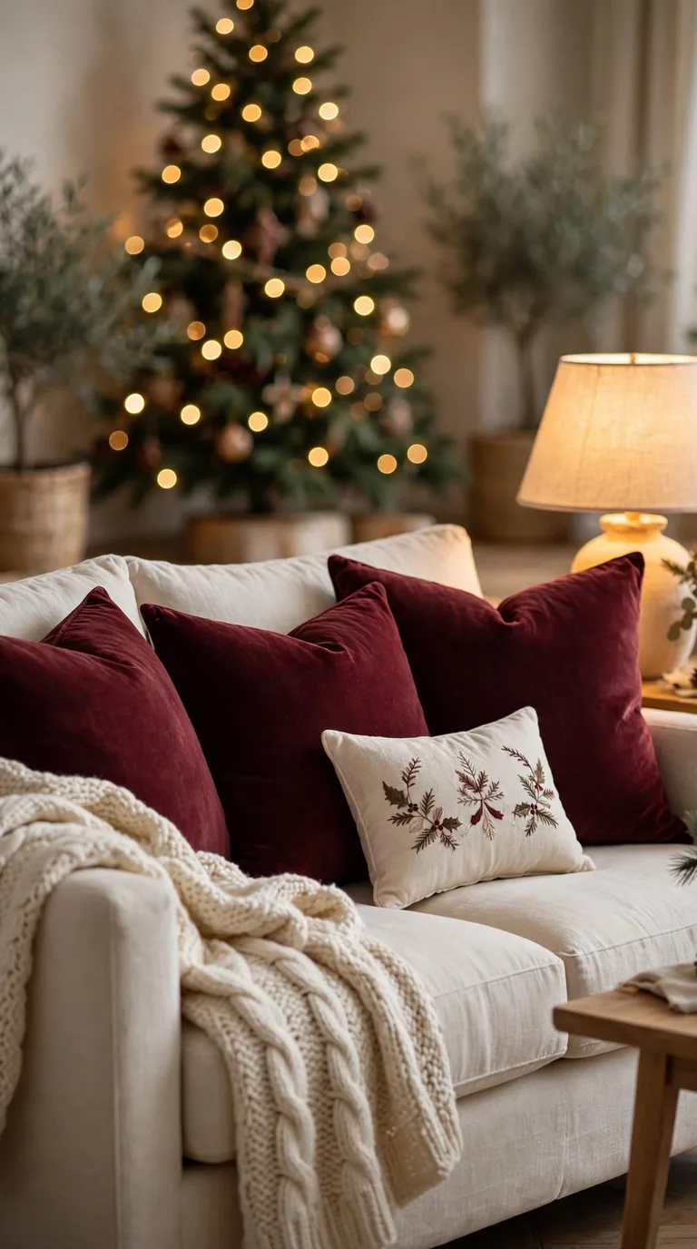 Cream sofa layered with burgundy velvet cushions and a chunky knit throw