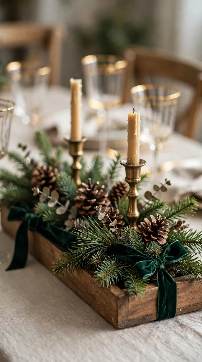 Christmas table centerpiece tray tied with emerald velvet ribbon and bows