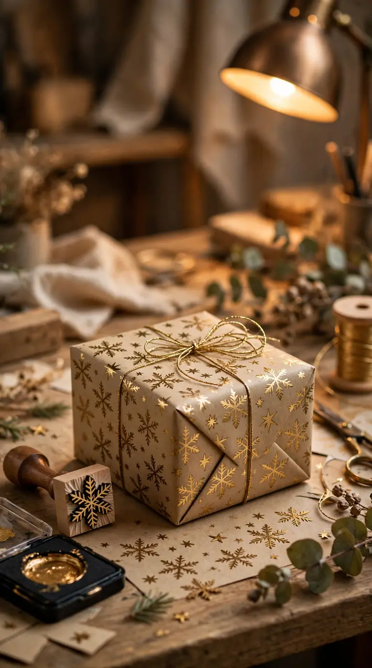 Hand-stamped snowflake pattern on kraft wrapping paper