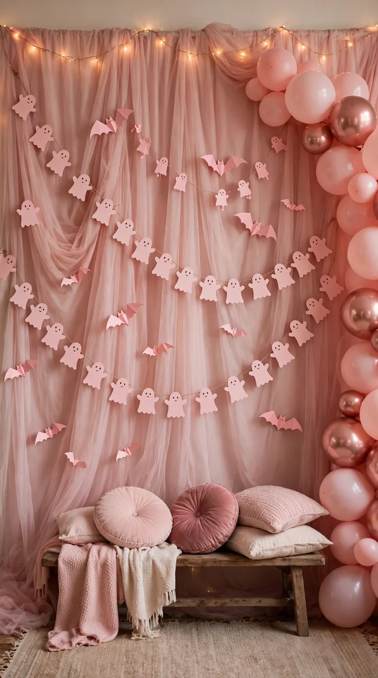 14 Pink Halloween Decor Ideas for a Spooky Pastel Look Party backdrop wall with pink ghost garland, paper bats, blush balloons and fairy lights