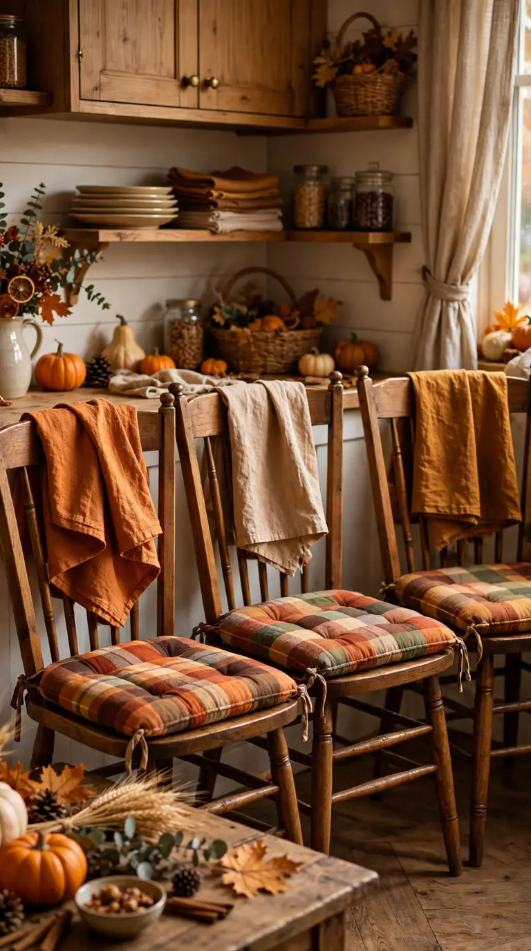 Kitchen chairs with plaid seat cushions and folded autumn linen towels draped over chair backs