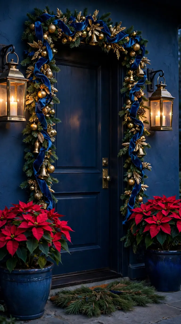 Sapphire blue Christmas entryway with lanterns and poinsettias