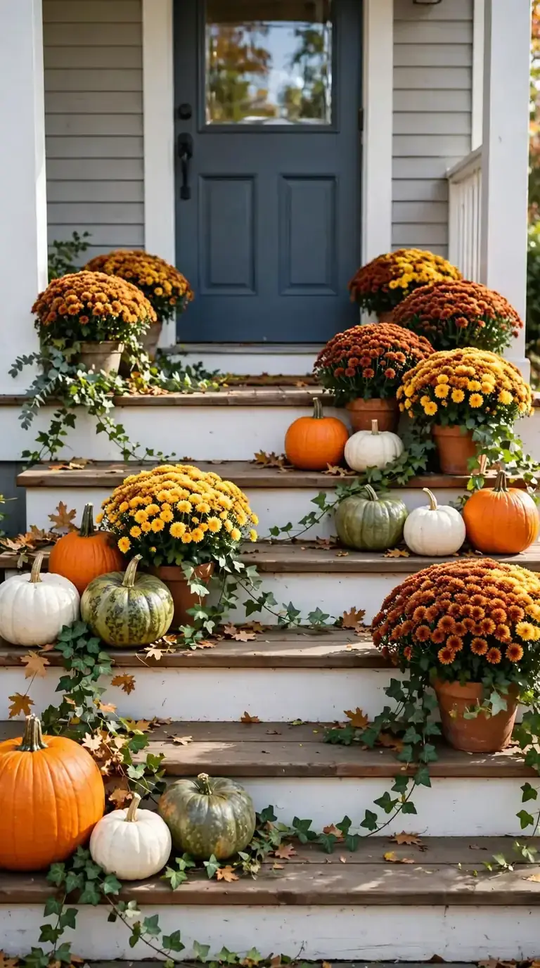 Porch steps decorated with pumpkins and mums in autumn colors