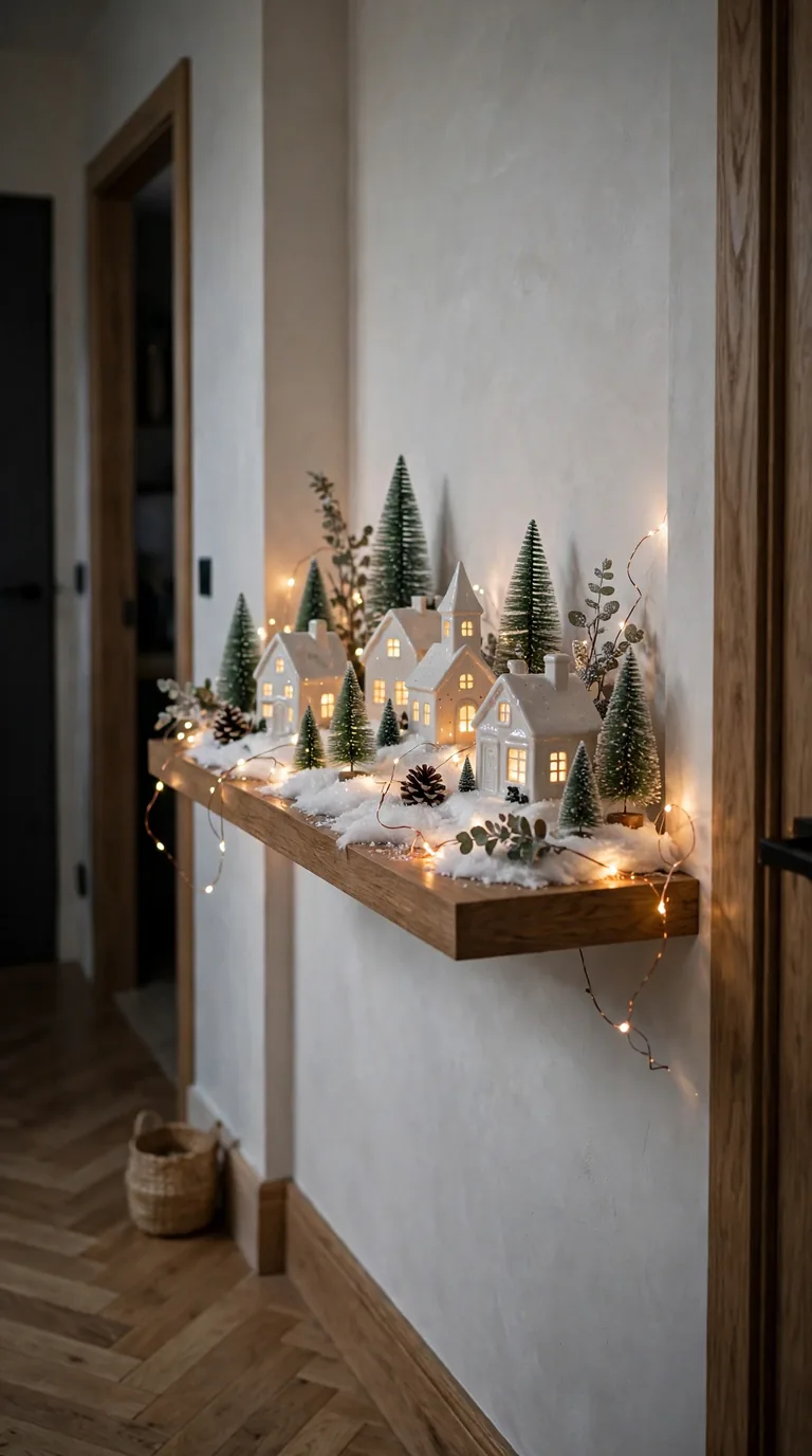 16 Christmas Hallway Decor Ideas for a Magical Holiday Welcome Ceramic winter village with glowing houses on a hallway floating shelf