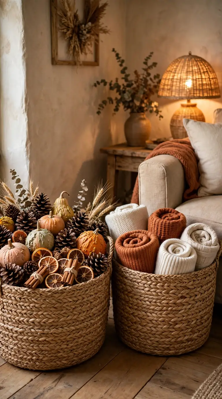 Woven baskets with pinecones gourds and quilts in a fall living room