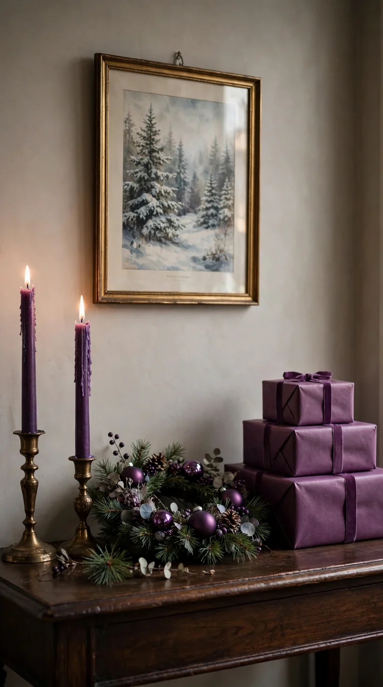 Amethyst taper candles in brass candlesticks on console table