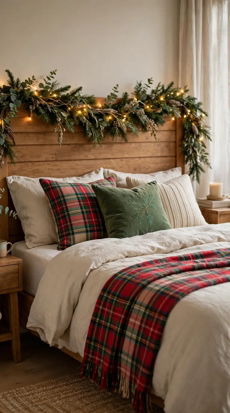 Soft Christmas garland with fairy lights draped along a bedhead in a cozy bedroom