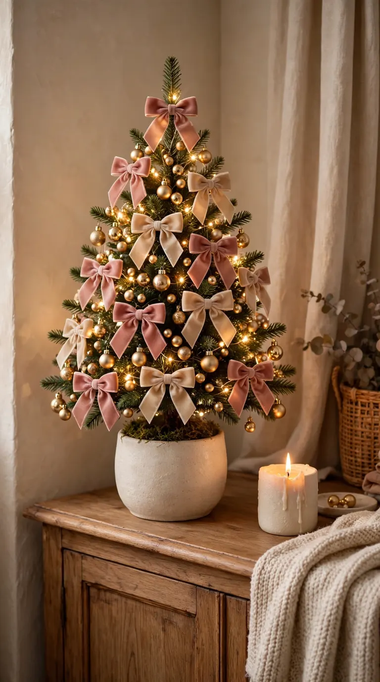 Small tabletop Christmas tree decorated with tiny velvet bows