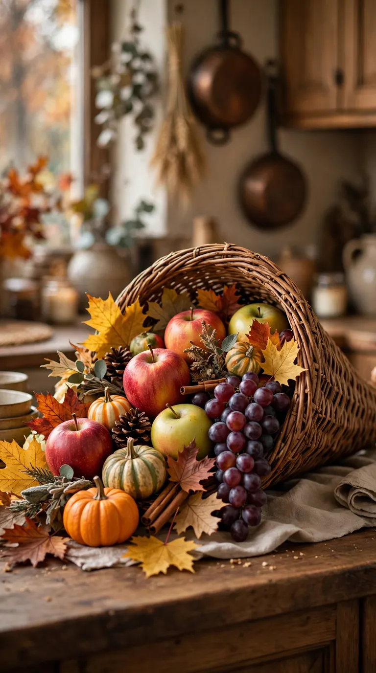 Cornucopia horn overflowing with apples, grapes, pumpkins, and autumn leaves on a kitchen counter