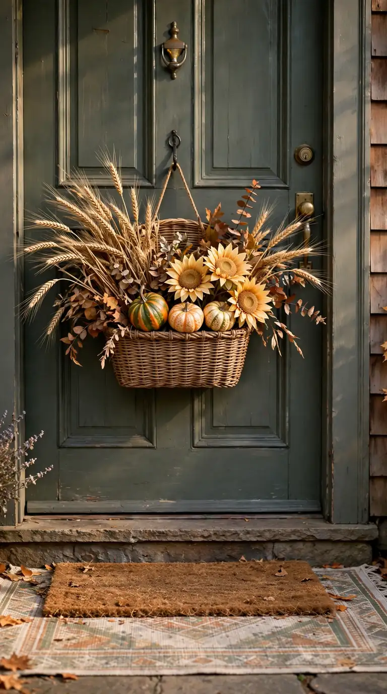 Harvest door basket with wheat and sunflowers above a seasonal doormat
