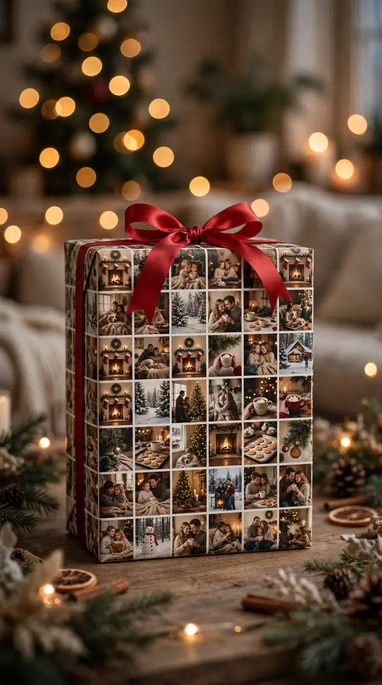 Gift wrapped in paper printed with family photos