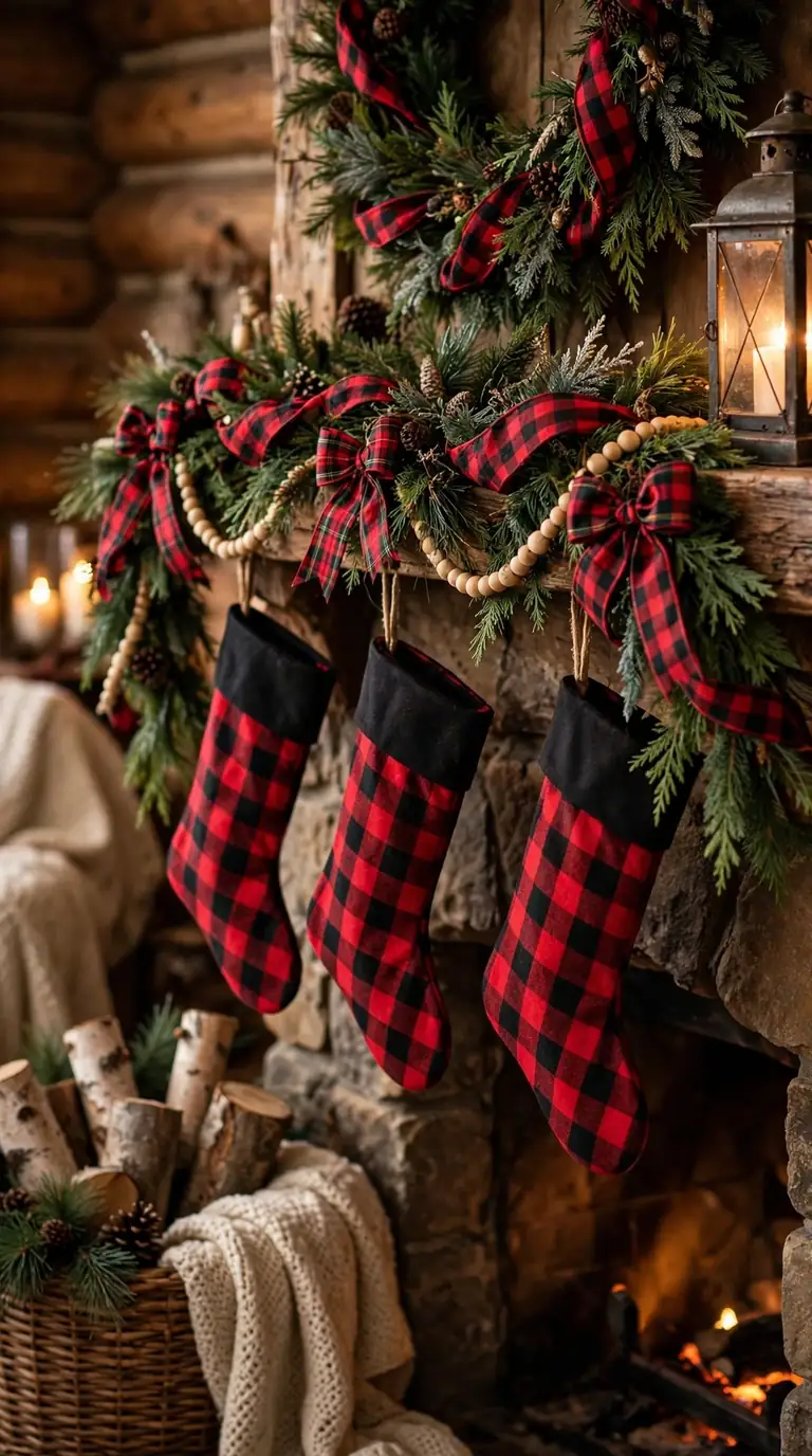16 Christmas Mantel Decor Ideas for a Cozy Holiday Hearth Cozy plaid Christmas mantel with buffalo check stockings, tartan ribbon and lantern light