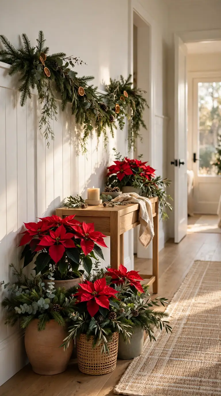 16 Christmas Hallway Decor Ideas for a Magical Holiday Welcome Poinsettias and fresh greenery in planters decorating a Christmas hallway