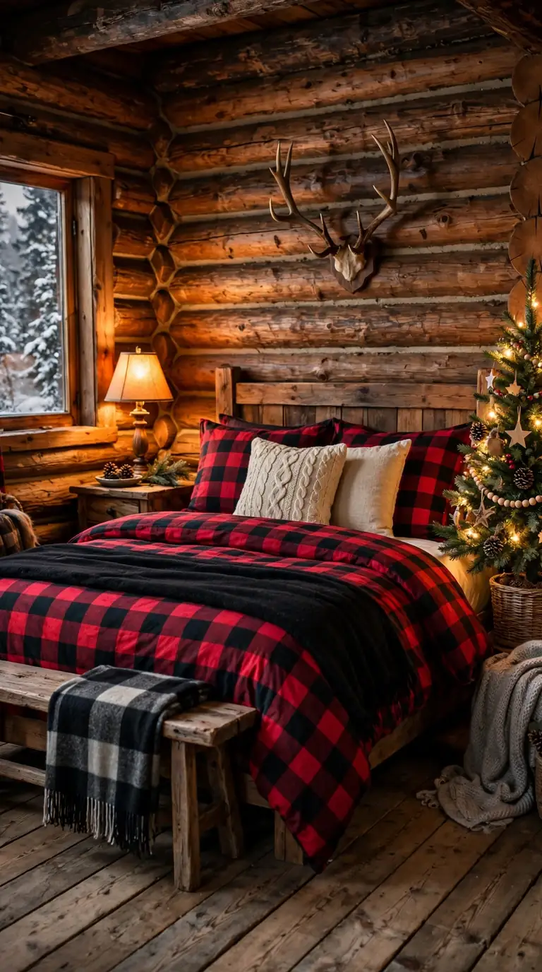 17 Christmas Bedroom Decor Ideas for a Cozy Holiday Retreat Rustic cabin bedroom with buffalo plaid bedding and pine tree