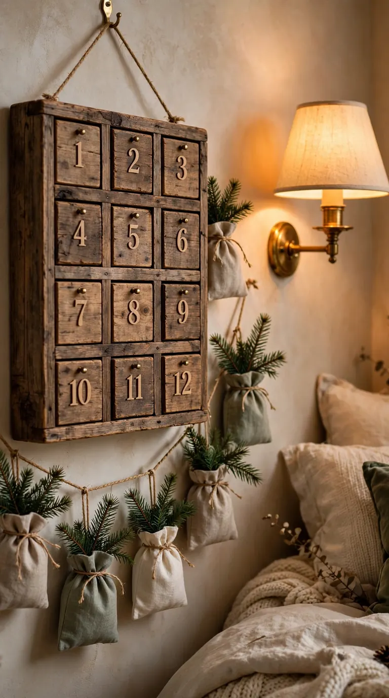 17 Christmas Bedroom Decor Ideas for a Cozy Holiday Retreat Rustic wooden advent calendar hung on a bedroom wall