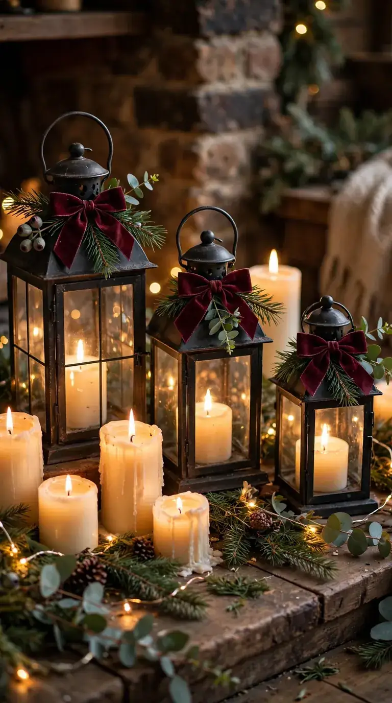 Christmas lanterns and candles tied with burgundy velvet bows