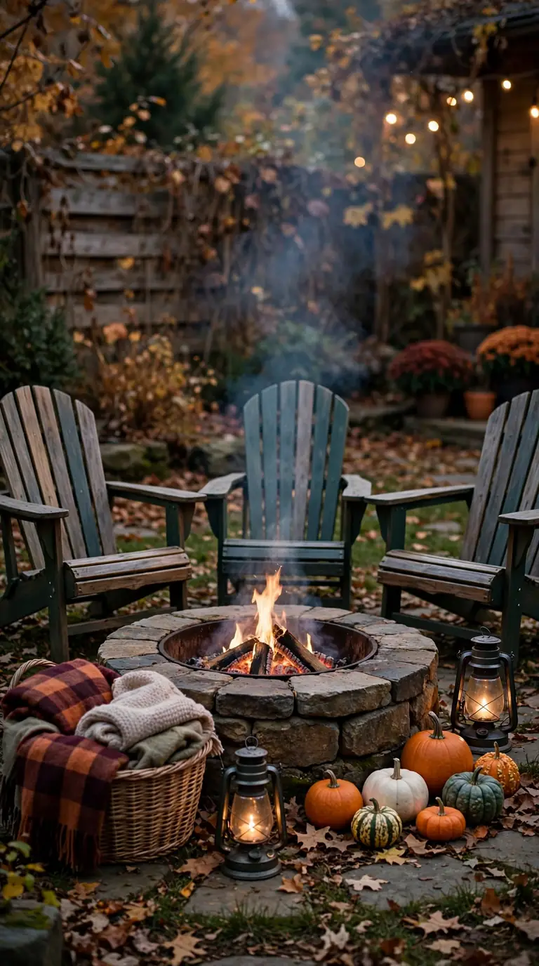 Backyard fire pit corner with blankets, lanterns, and gourds for Thanksgiving