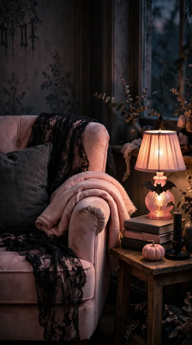 14 Pink Halloween Decor Ideas for a Spooky Pastel Look Pastel gothic reading nook with blush armchair, black lace throw, pink lamp glow and small pumpkins