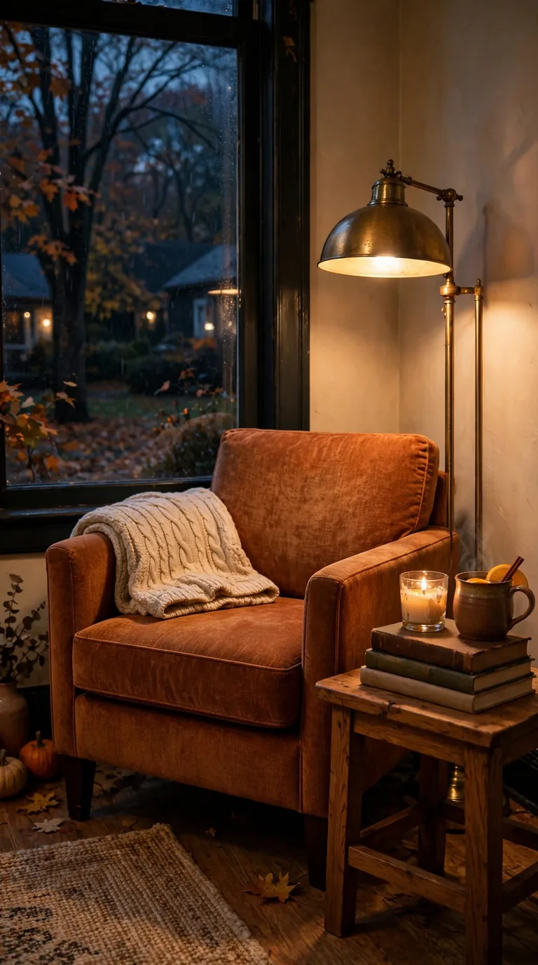 Cozy reading corner with armchair and warm lamp light in a fall living room