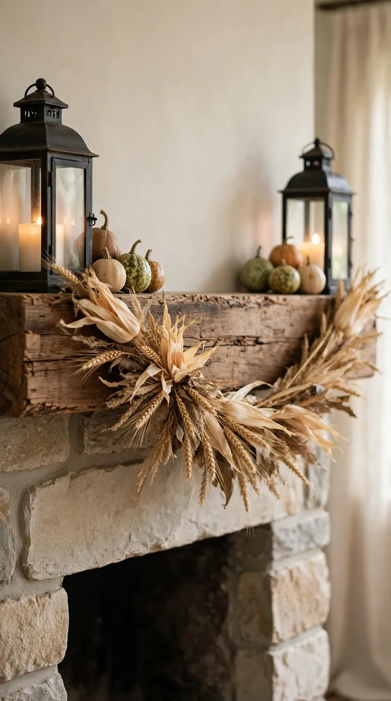 16 Thanksgiving Fireplace Decor Ideas for a Cozy Family Gathering Farmhouse Thanksgiving fireplace mantel with corn husk and wheat swag