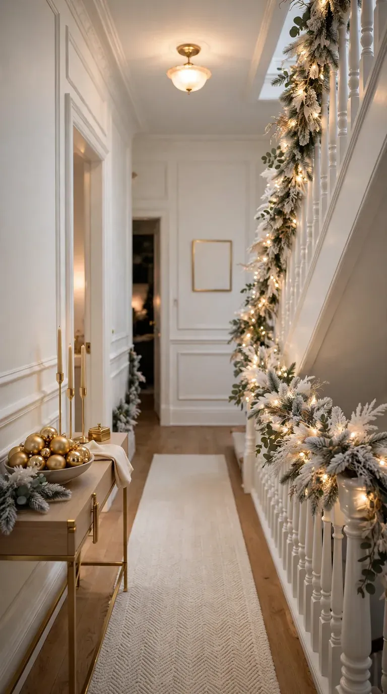 16 Christmas Hallway Decor Ideas for a Magical Holiday Welcome Elegant white and gold christmas hallway decor with a white garland and gold baubles