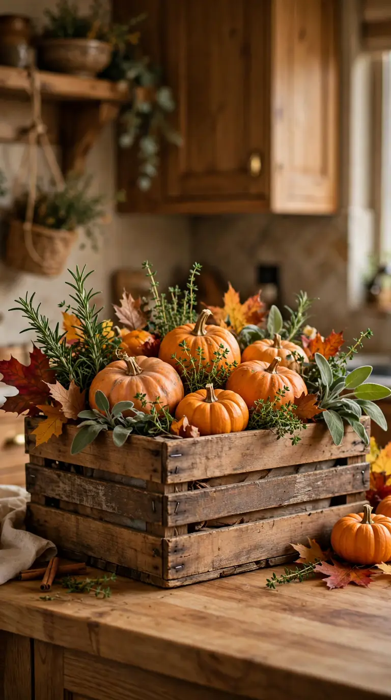 Rustic wooden crate filled with mini pumpkins, fresh herbs, and autumn leaves on a kitchen counter