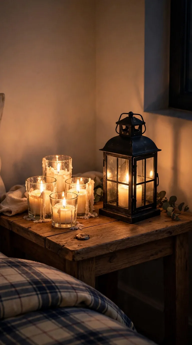 17 Christmas Bedroom Decor Ideas for a Cozy Holiday Retreat Cluster of lit candles and a lantern glowing in the bedroom