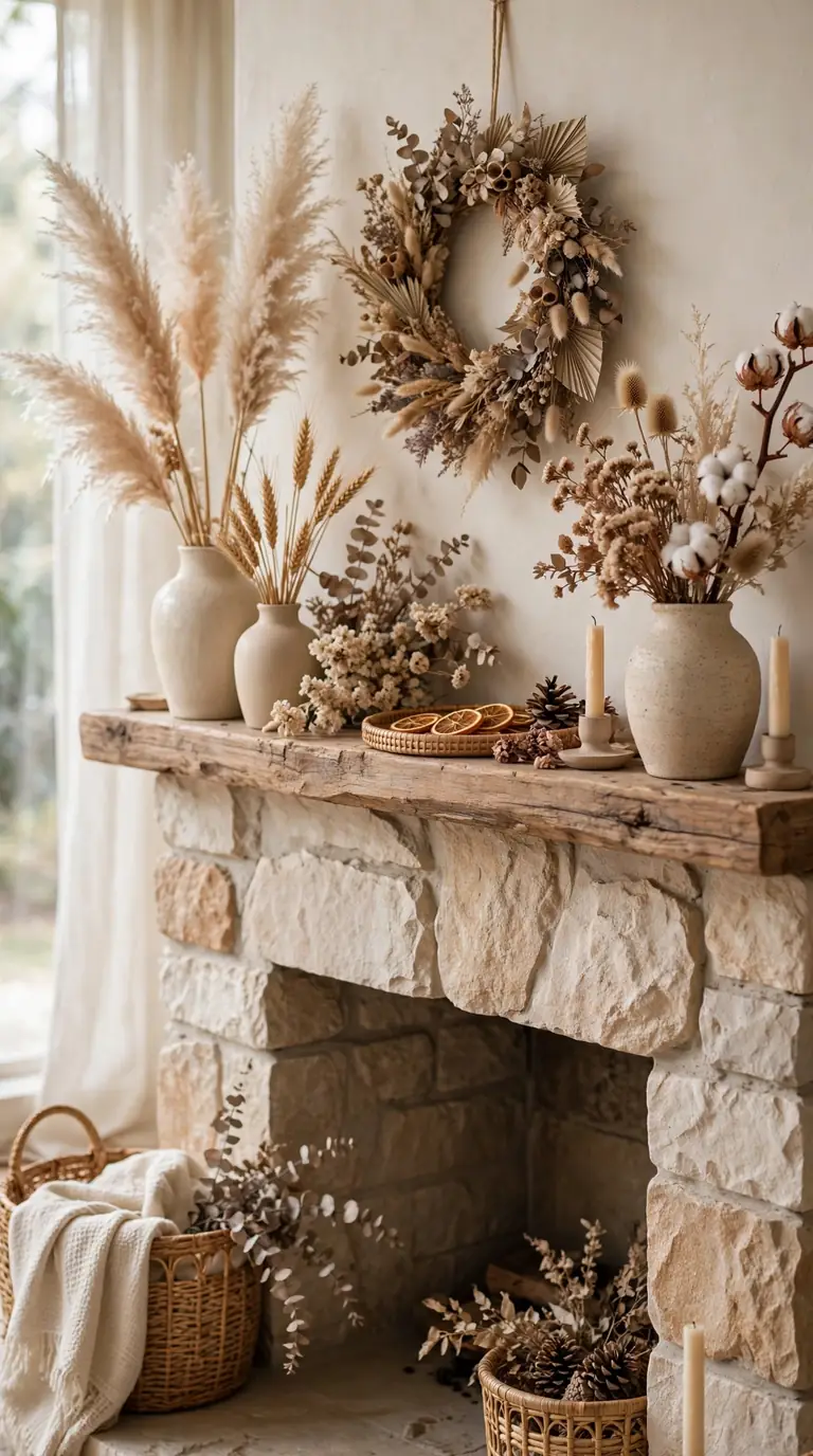 16 Christmas Mantel Decor Ideas for a Cozy Holiday Hearth Neutral boho Christmas mantel with dried pampas grass, dried florals and ceramic vases