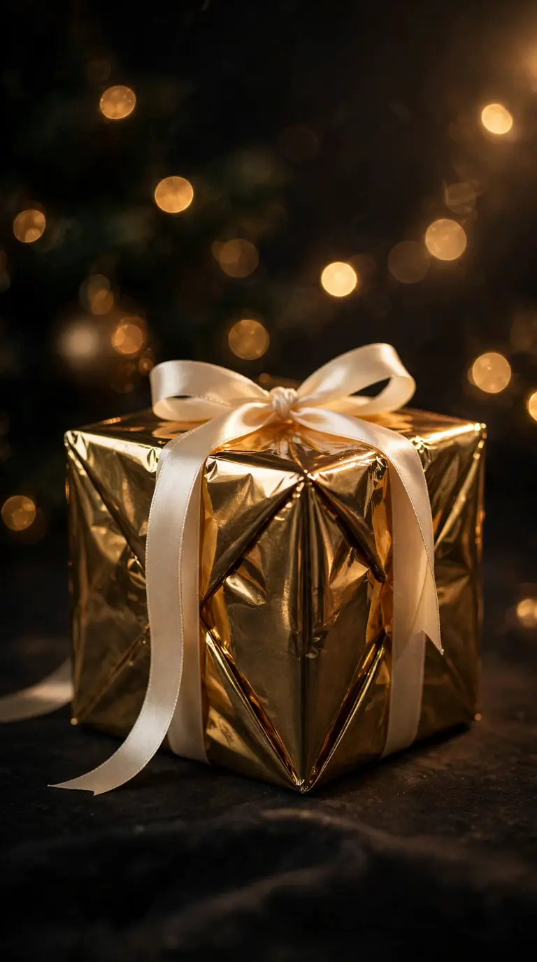 Gold foil wrapped gift with champagne ribbon