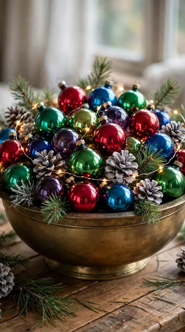 Brass bowl centerpiece with jewel tone Christmas ornaments
