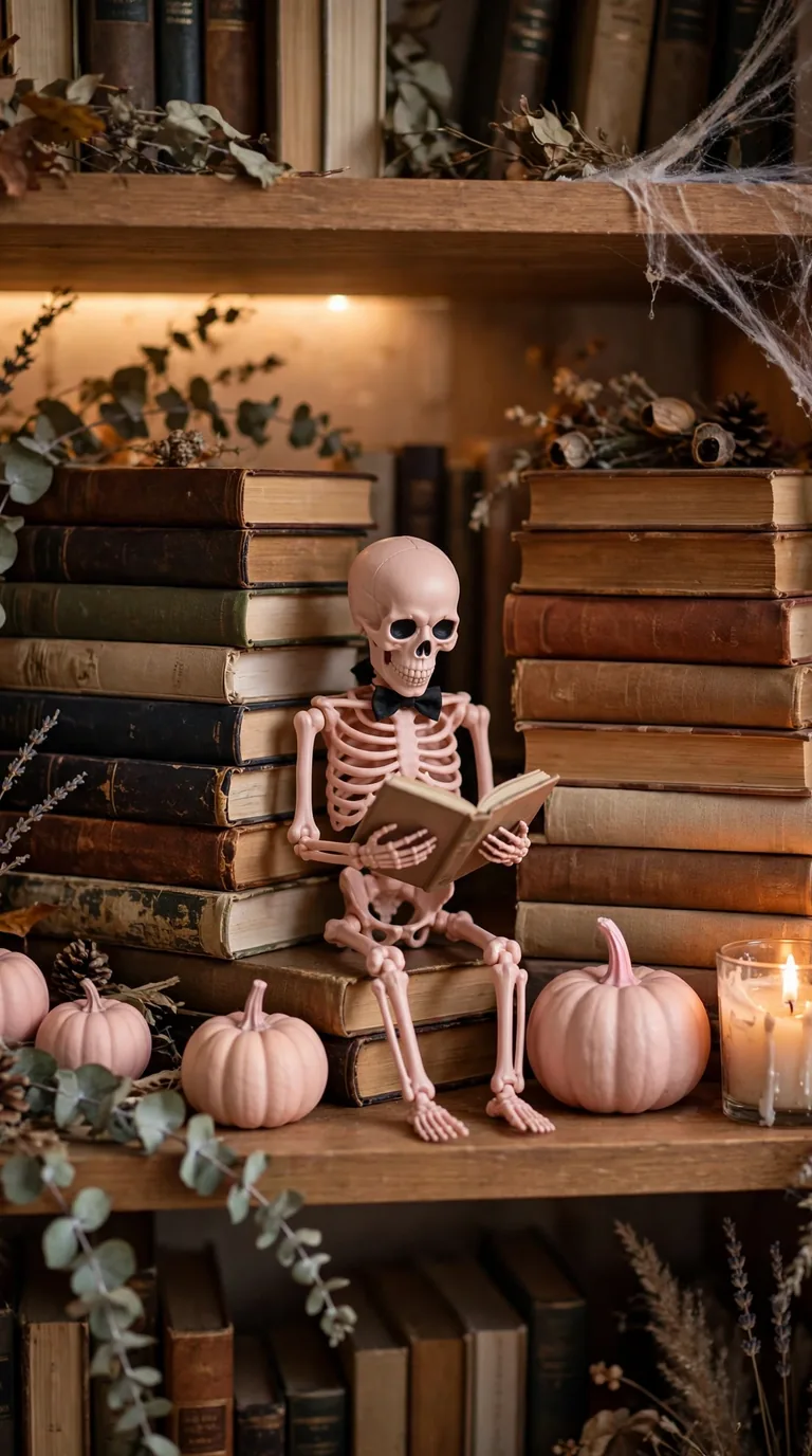 14 Pink Halloween Decor Ideas for a Spooky Pastel Look Pink painted skeleton figurine on a bookshelf styled with pink pumpkins and candles
