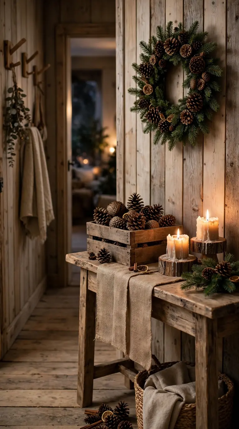 16 Christmas Hallway Decor Ideas for a Magical Holiday Welcome Rustic woodland Christmas hallway with pinecones, burlap and wooden crates