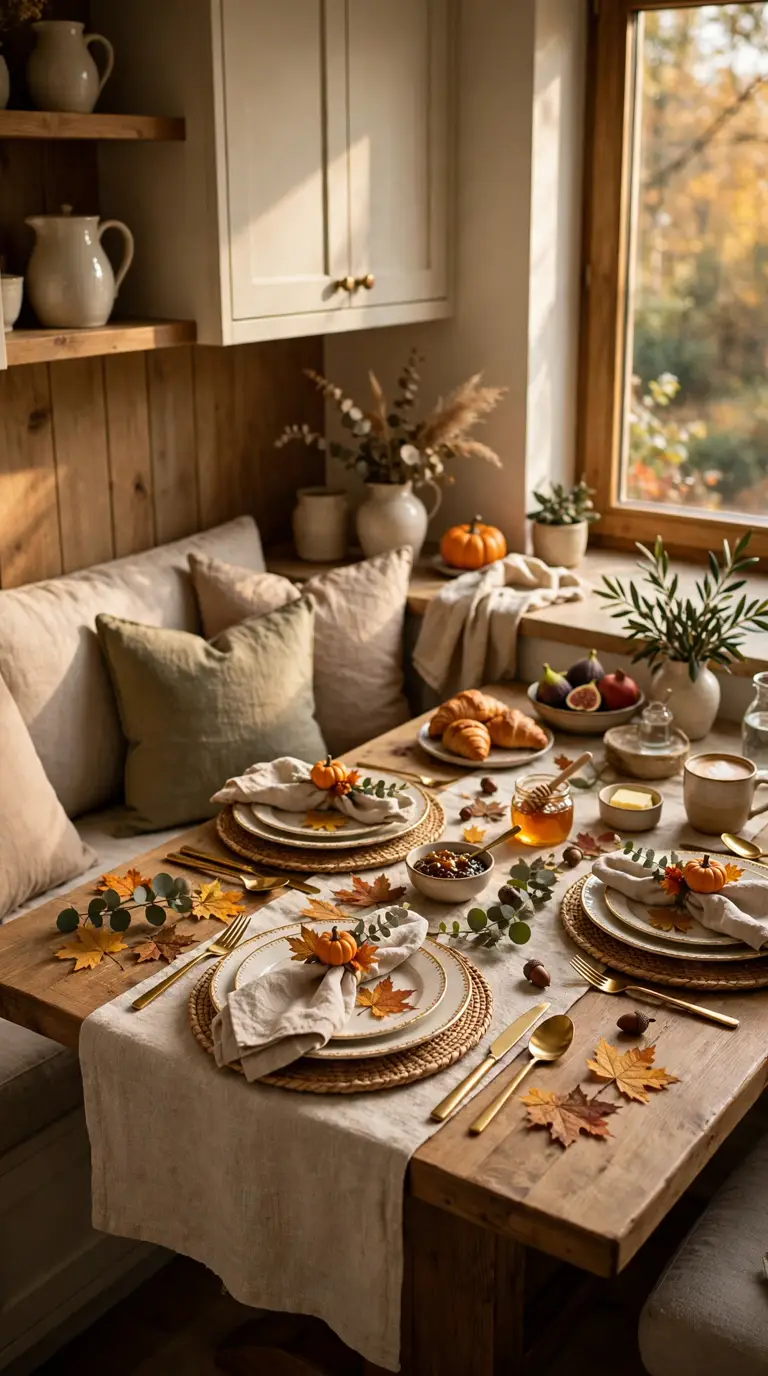 Thanksgiving breakfast nook table setting with plates, gold cutlery, linen napkins, and small pumpkin place settings