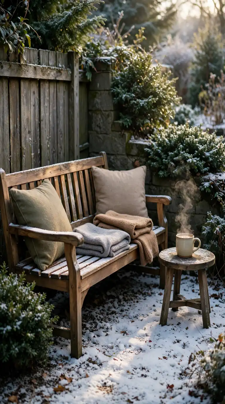 Weatherproof garden bench with wool throws in a winter garden