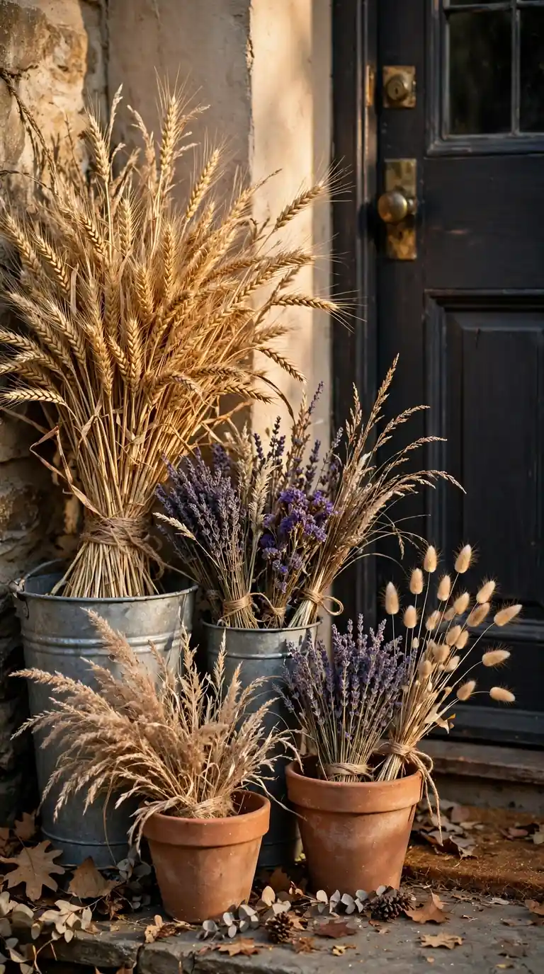 Wheat sheaf and dried flower arrangements in buckets by a front door